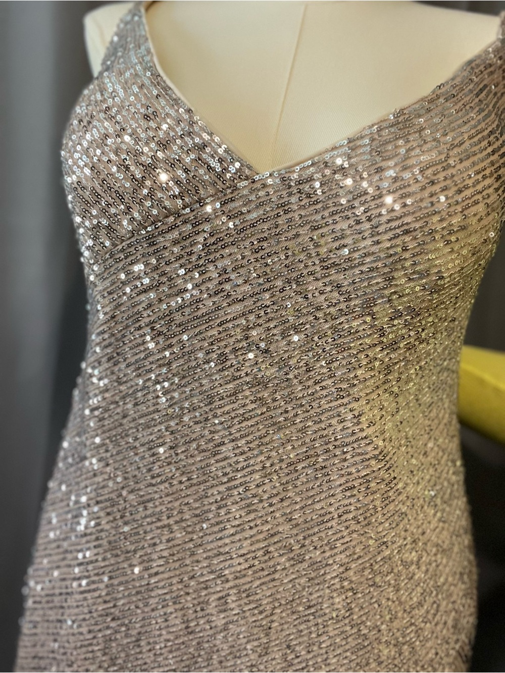 Sequin V-Neck Evening Dress in Champagne